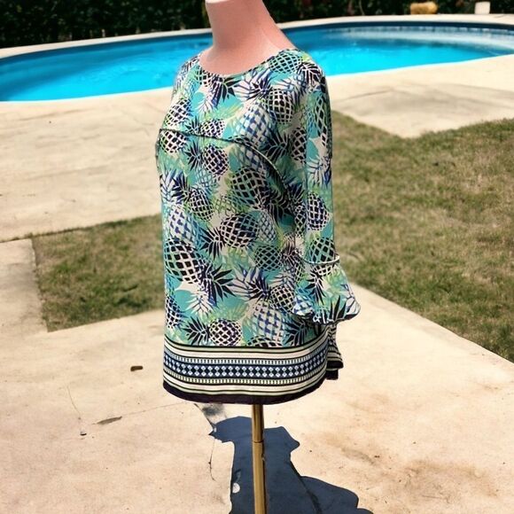 PAPPAGALLO WOMENS THE ASHLYN TOP BLOUSE PINEAPPLE PRINT BELL SLEEVES EXTRA LARGE - Picture 2 of 8